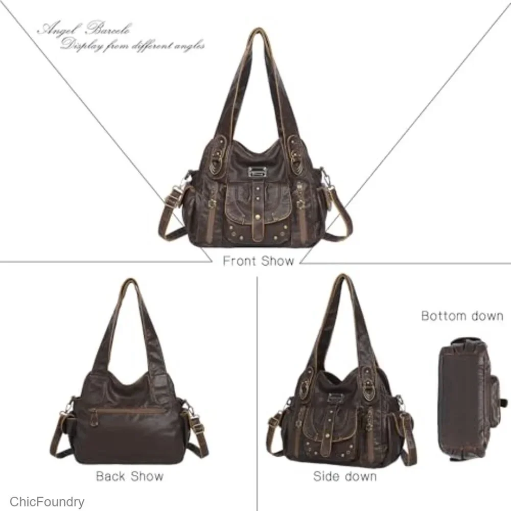 Faux Leather Hobo Bag with Adjustable Strap, 10x10x4.5 Inches, 5 Pockets